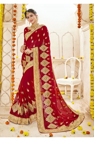 Red Faux  Georgette  Embroidered  Traditional  Saree 5906
